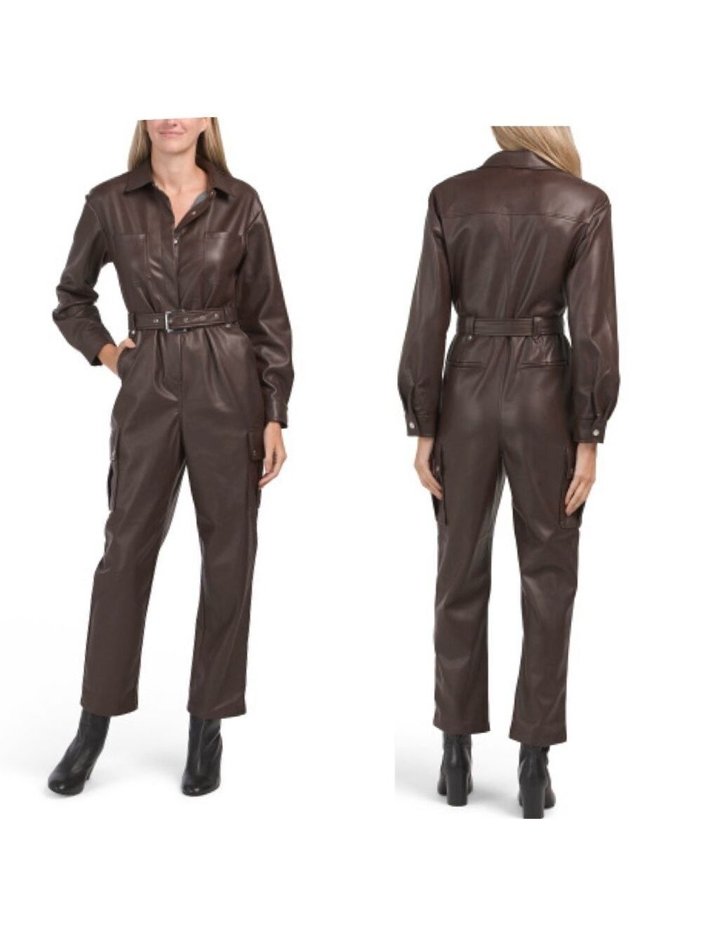 7 for all mankind dark chocolate brown faux leather long sleeve jumpsuit M NWT